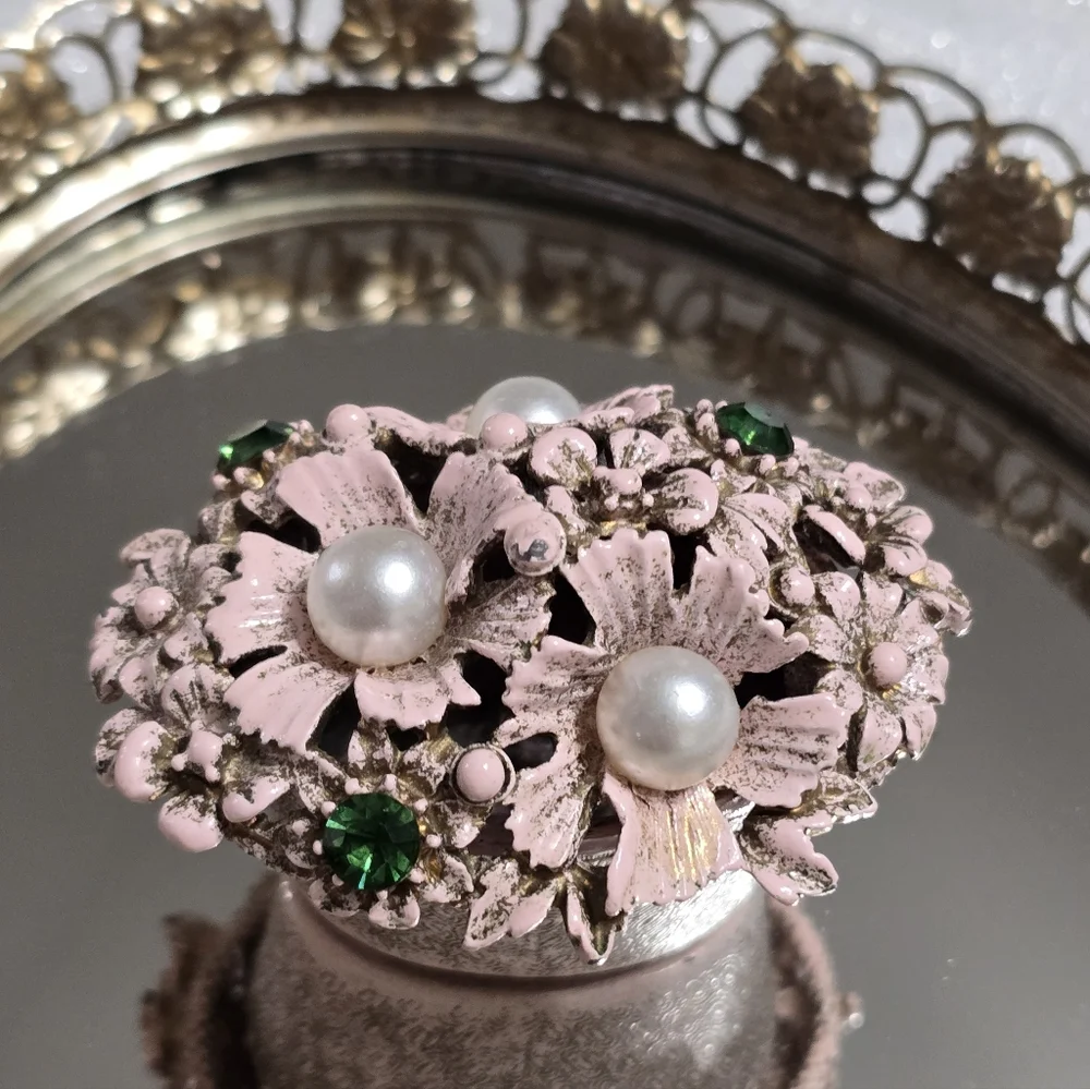 Vintage Florenza Pink Jeweled Floral Basket Trinket Box